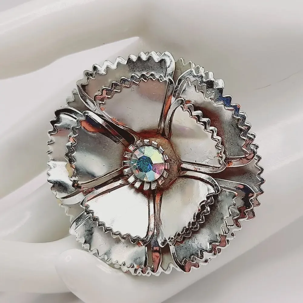 Vintage Silver Tone Flower Brooch with AB Rhinestone Center Reflective Floral